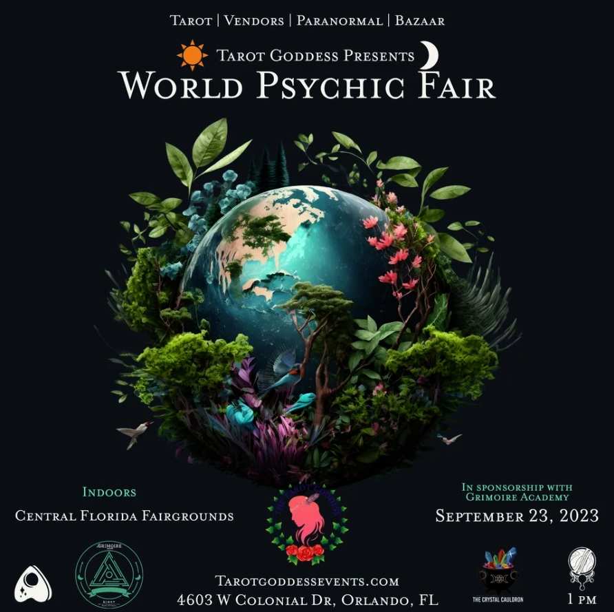 world psychic fair poster with world covered in plants on a black poster